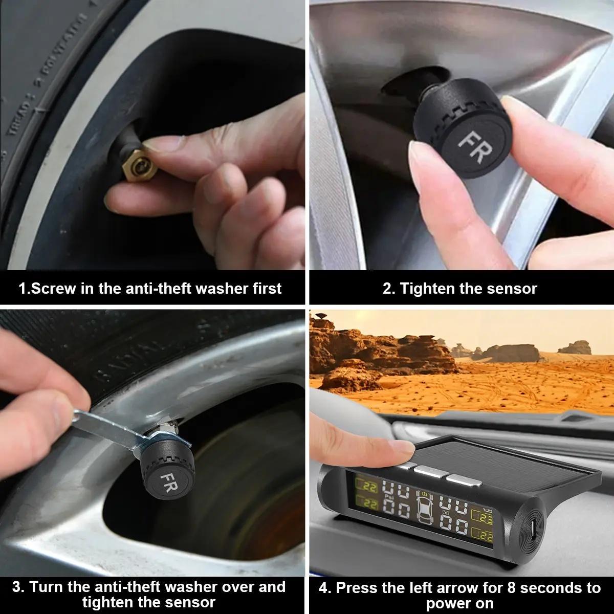 Solar Powered Car Tire Pressure Monitoring System (TPMS) - Digital LCD Display Safety Warning Kit with 4 External Sensors, Universal Auto Tire Diagnostic Tool