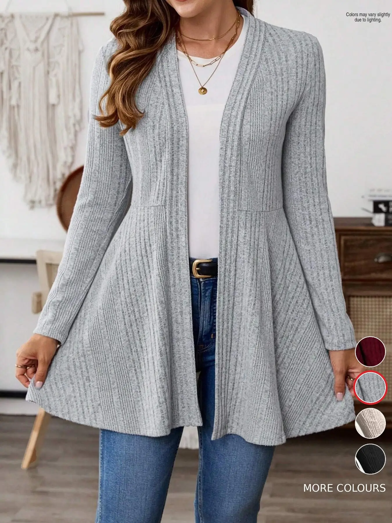 Women's Vertical Ribbed Knit Long Cardigan, No Front Placket, Long Sleeve, Waist Cinched, Fish Tail Hem, Elegant Casual Outerwear