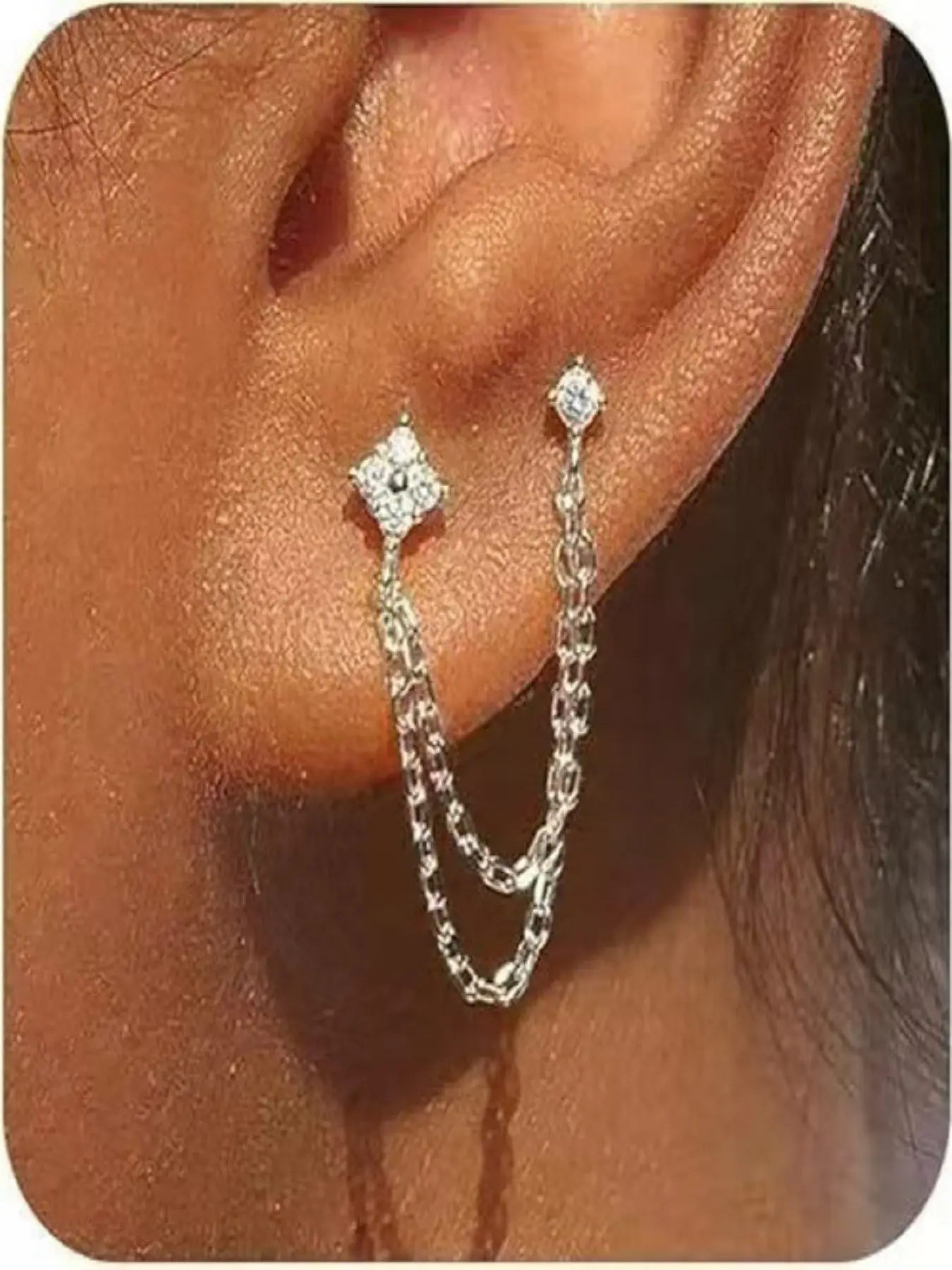 Double Layer Chain Women's Earrings, Sparkling Zircon Dangle Earrings, Hypoallergenic Silver Color, Perfect for Daily Wear and Gifts