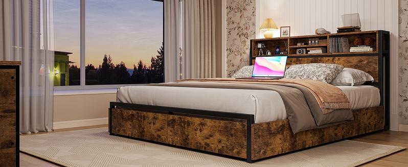 Bed Frame with 6 Storage Drawers, MATTRESS NOT INCLUDED, Bed Frame with Headboard Charging Station ,with Storage No Noise,No Box Springs Needed,Vintage Brown