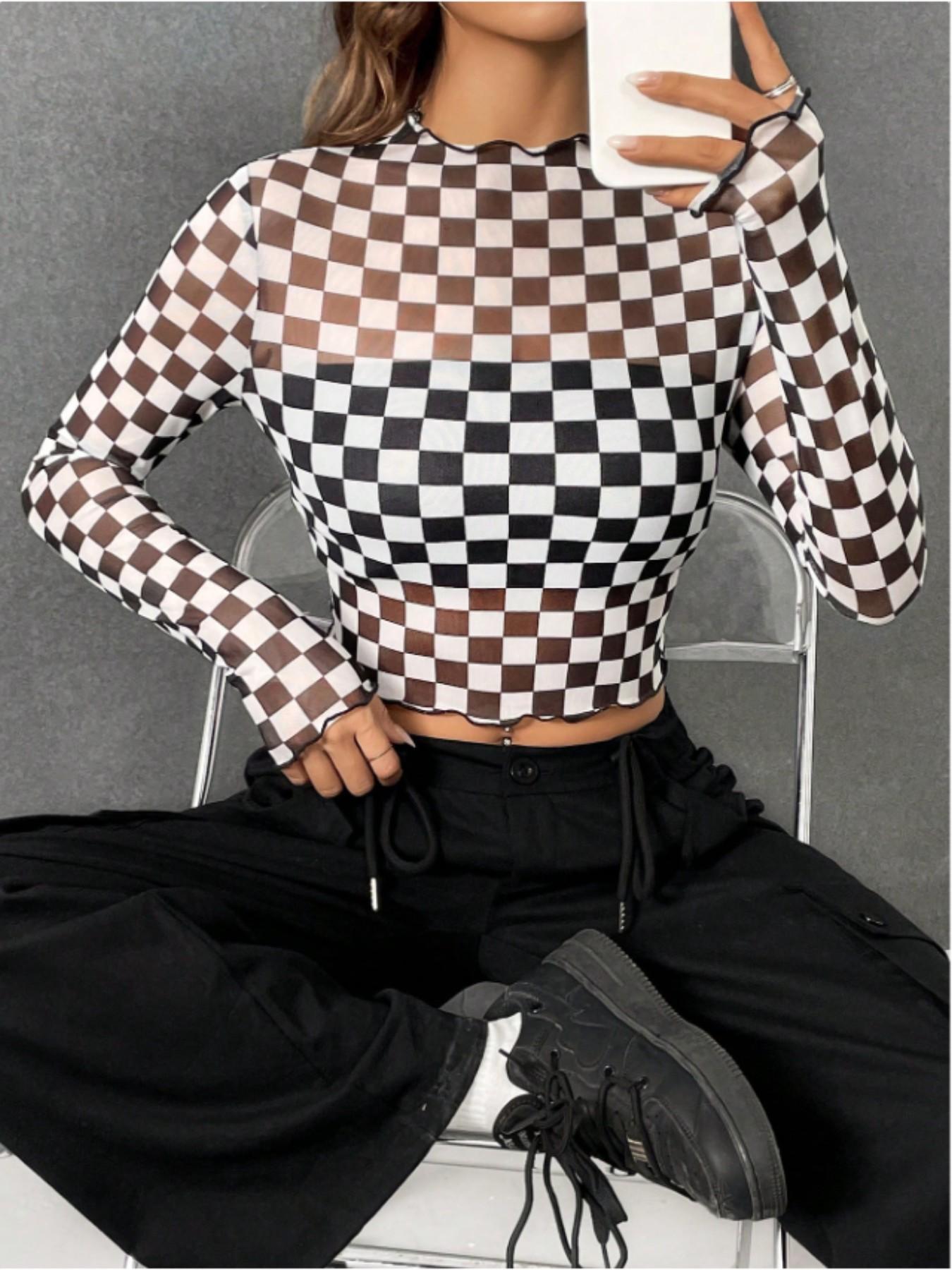 Women's & Plaid Long Sleeve Top, New Style Slim Fit Short Shirt, Casual Inner Layer, Fashionable Chessboard Pattern Tee