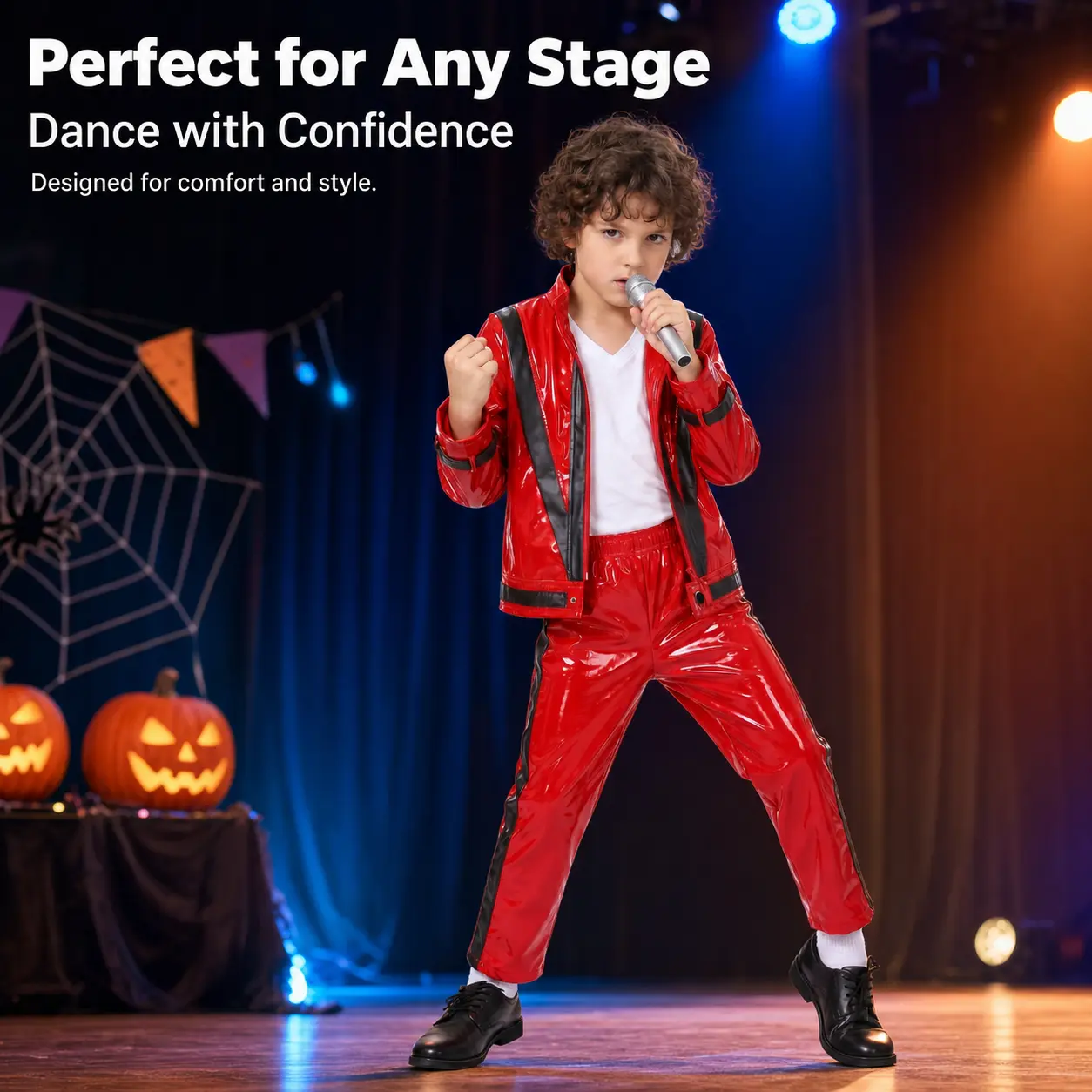 Kids Classic Red Shiny Faux Leather Costume Set, Zipper Jacket & Elastic Waist Pants Retro Pop Star Outfit for Boys Halloween Cosplay, Stage Performance & Theme Party