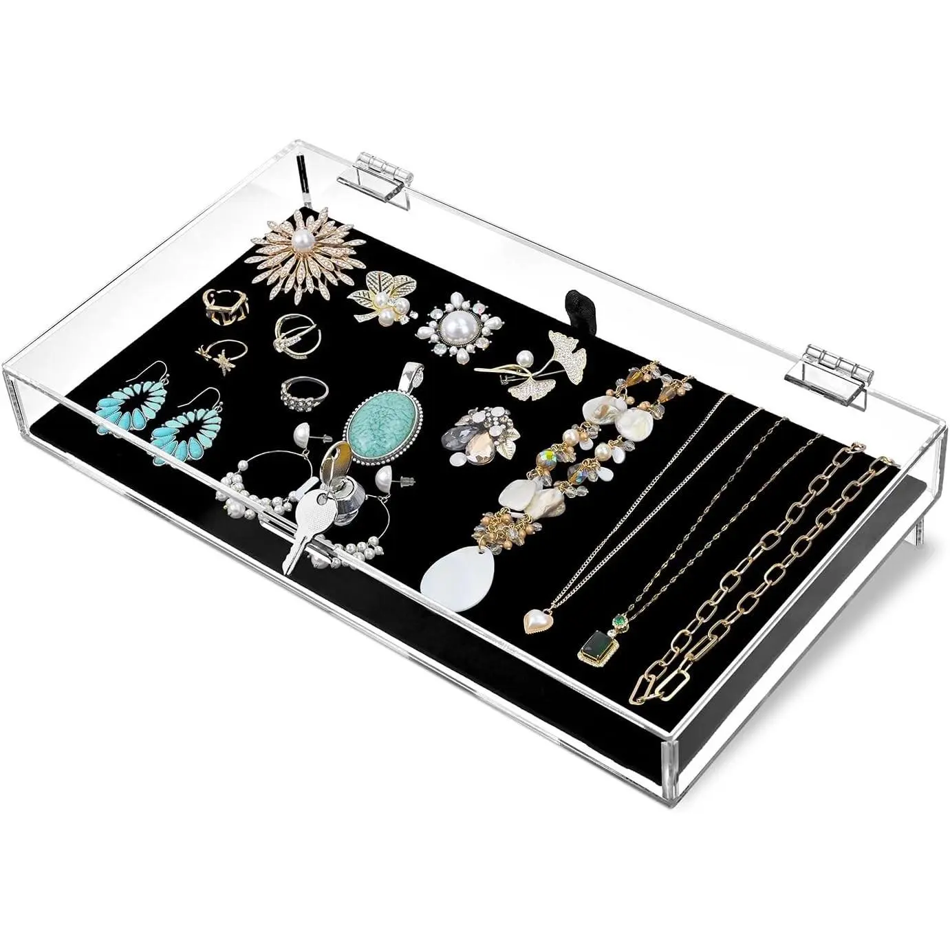 MOOCA Rectangular Acrylic Lockable Security Display Showcase Tray, Safe Display Box for Watches, Jewelry, Knives, Eyewear, with Key and Black Padding