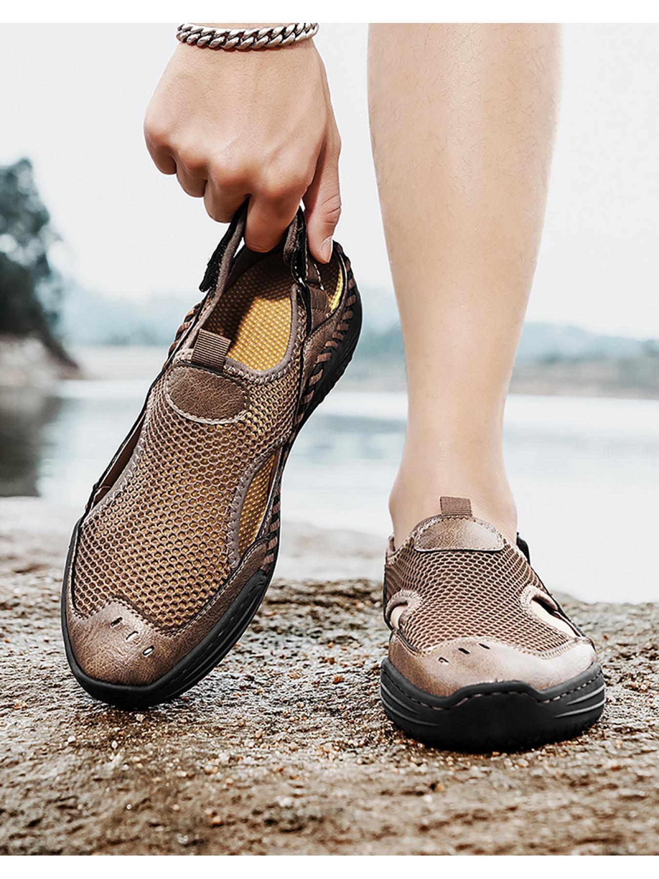 Men's Solid Color Mesh Breathable Closed-Toe Sandals, Hand-Stitched Soft Sole Water Shoes, Slip-On Casual Outdoor Beach Shoes