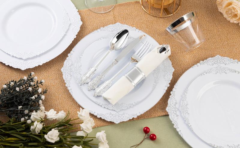 Bestluck 350PCS Silver Plastic Dinnerware Set for 50 Guests Includes 100 Plates 50 Silverware Sets 50 Napkins & Cups Vintage Gold Rim Elegant Disposable Perfect for Weddings Parties Special Events