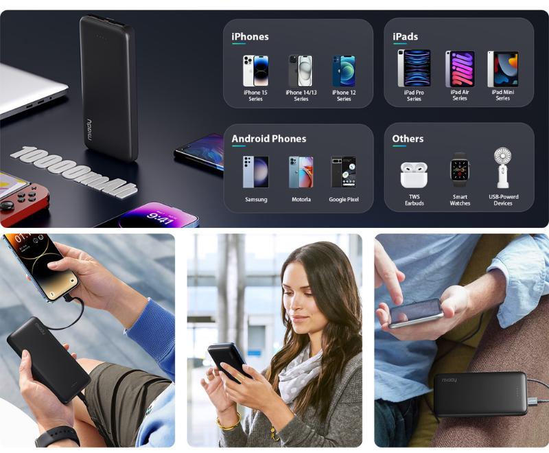 Miady 2-Pack 10000mAh Dual USB Portable Charger, USB-C Fast Charging Power Bank, Backup Charger for iPhone 15/14/13, Galaxy S23/22, Pixel and etc