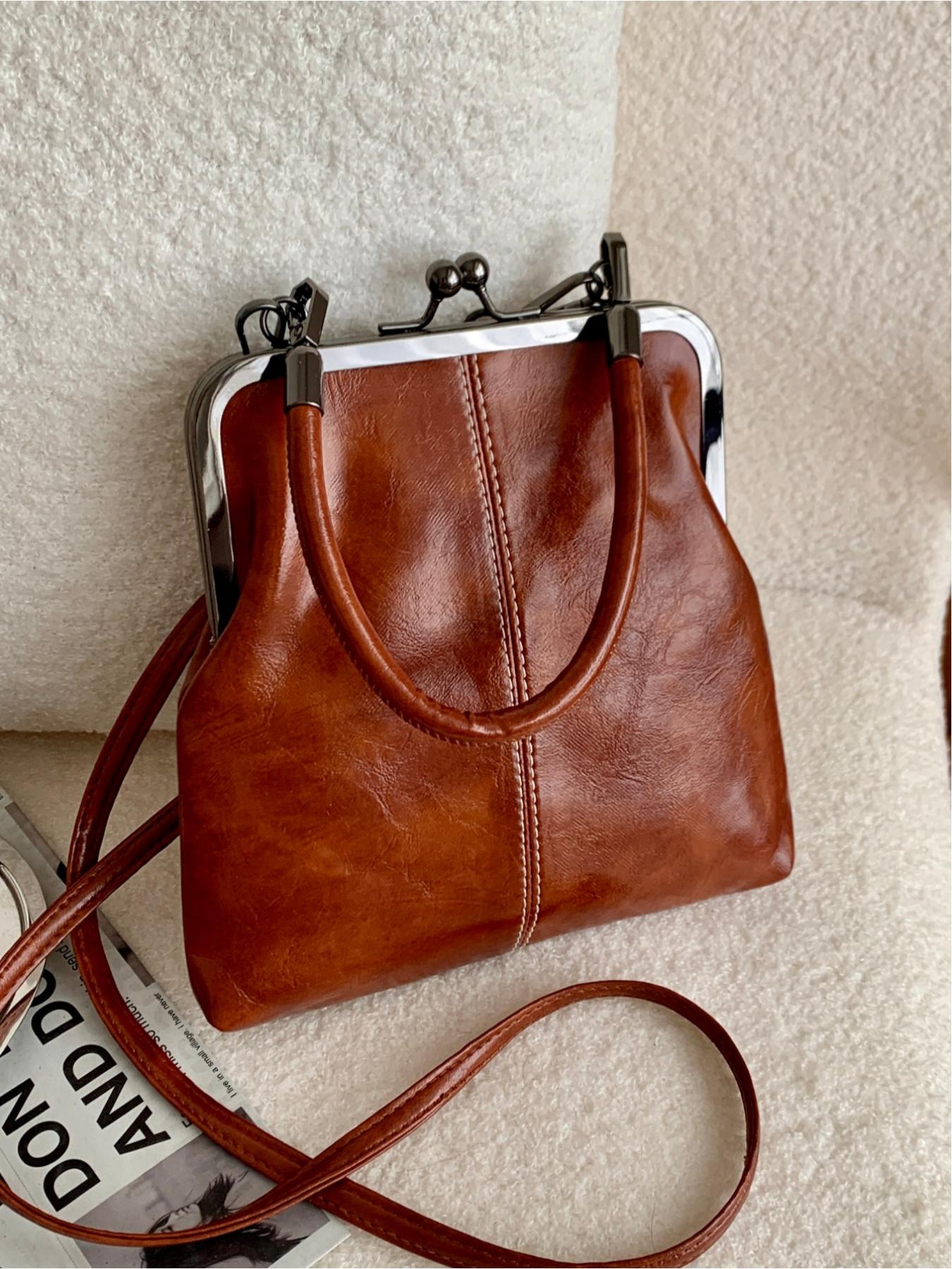 European and American style retro clasp purse, high-end waxed leather crossbody bag, niche design, suitable for parties, dinners, shopping, commuting, and everyday accessories, Lightweight Crossbody Bag, Fashionable Unique Bags