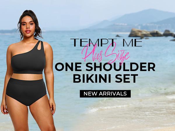 Tempt Me Womens Plus Size High Waisted Bikini Two Piece One Shoulder Swimsuit Keyhole Bathing Suits