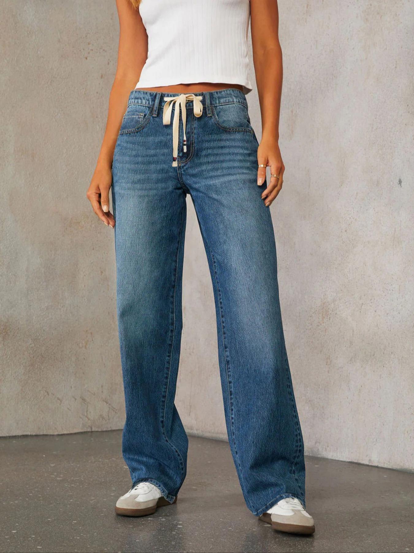 Women's Plain Drawstring Waist Jeans, Casual Fashion Denim Pants for Daily Wear, Ladies Bottoms for Spring & Fall, Casual Denim Trousers