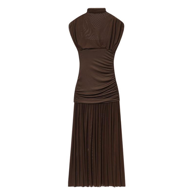 Women's Summer Long Dress Chocolate Brown Mesh Ruched Midi Dress Sleeveless Mock Neck Design Elegant Trendy 2025 new Evening Party Formal Outfit Pleated Hem Women’s Fashion Chiffon Lace Dress