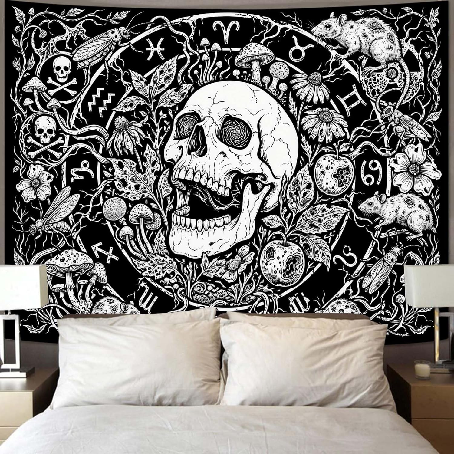 A Gothic mysterious skull tapestry, black and white moon snake wall tapestry, bedroom, dormitory, living room decoration