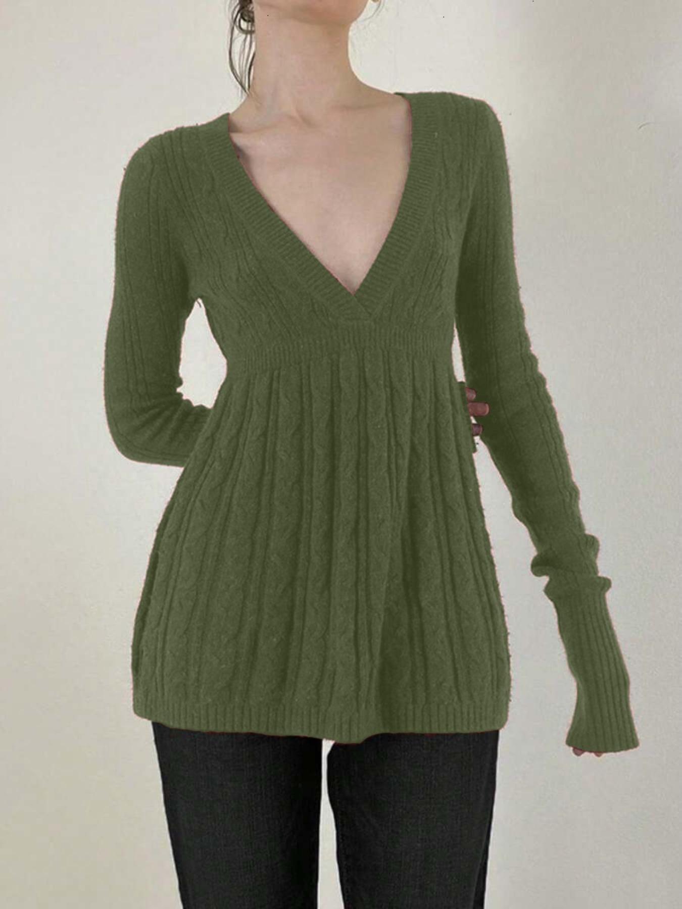 Women's Y2K Vintage Sweater, Soft Long Sleeve V-neck High Waist Knitwear for Women