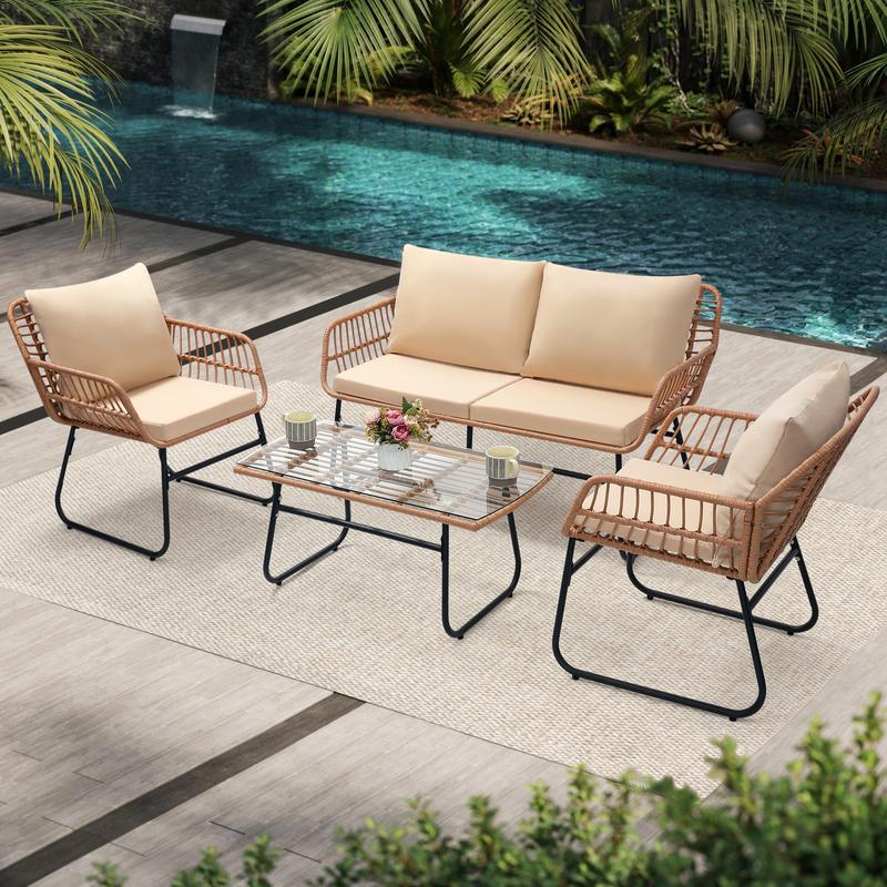 4 Piece Patio Bistro Outdoor Furniture Set, Wicker Sofa, 2 Rattan Chairs, and Table, Backyard Conversation Set, All Weather Cushions，for Garden,Poolside, Backyard