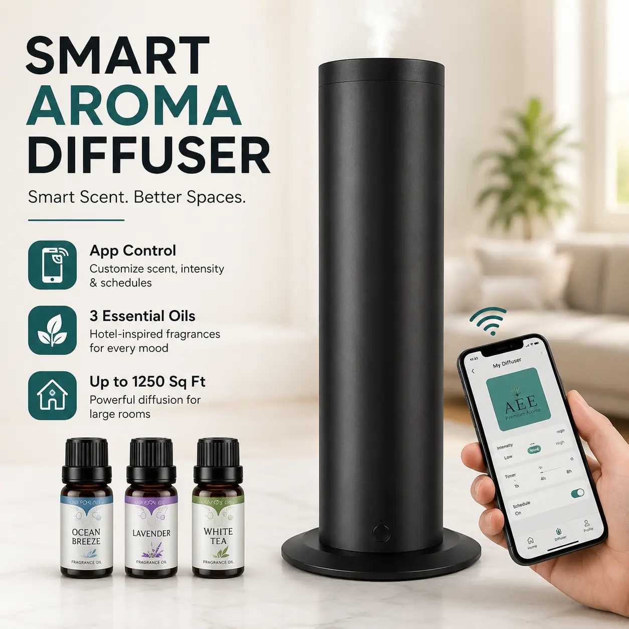 Smart Home Aroma Diffuser Kit with 3 Essential Oils, App-Controlled Scent Diffuser with Hotel-Inspired Fragrances for Large Rooms Up to 1250 Sq Ft, Ideal for Home, Bedroom, Office and Living Spaces
