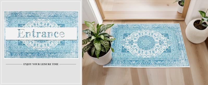 Non-Slip Washable Faux Wool Vintage Boho Rug, Retro Distressed Medallion Carpet 5x7 6x9 ft, Red/Blue Low Pile Soft Mat for Entryway Kitchen Traditional Interiors