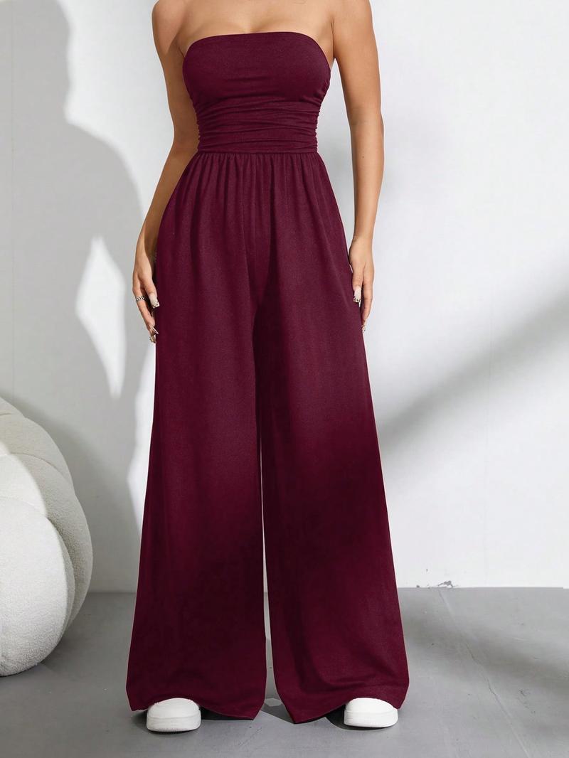 Solid Color Casual Sleeveless Pleated Loose Jumpsuit, Slim-Fitting Ruched Design, Elastic Waist, All Seasons Wear, Organic Textile