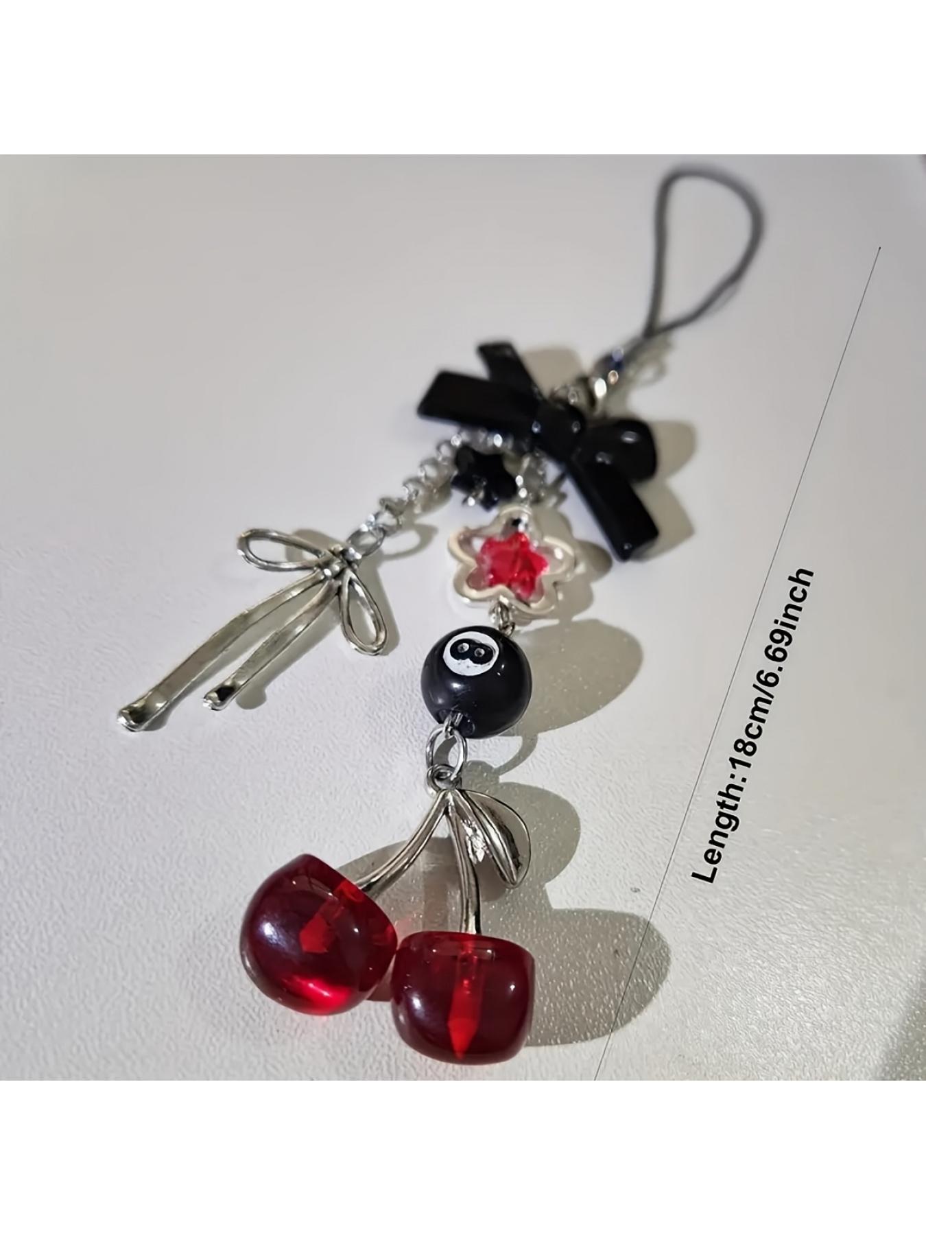 A Y2K Red Cherry Phone Strap with a Bow - Features Colorful Resin Decorative Pendants, Suitable for Phone Straps, Headphone Charms, And Other Cherry-Themed Items