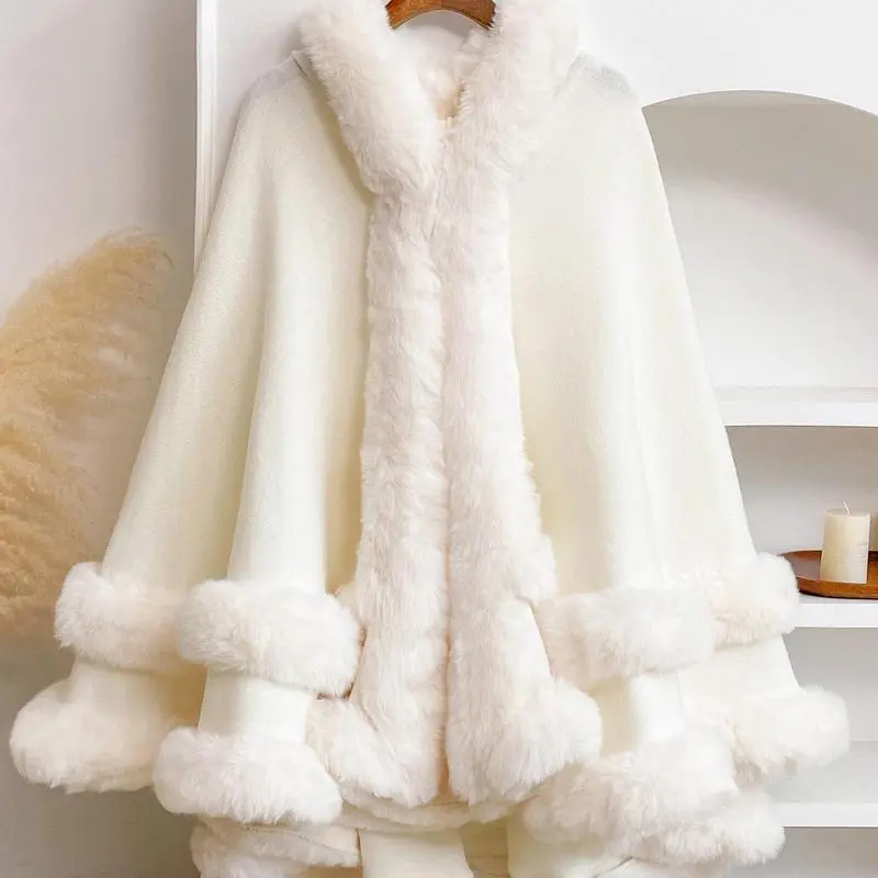 Luxury Faux Fur Hooded Cape Shawl, Soft Warm Wrap Poncho, Lightweight Cozy Cover Up for Cool Air-Conditioned Spaces, Fall Winter Outerwear, Versatile Accessory for Daily Home Wear & Party Events