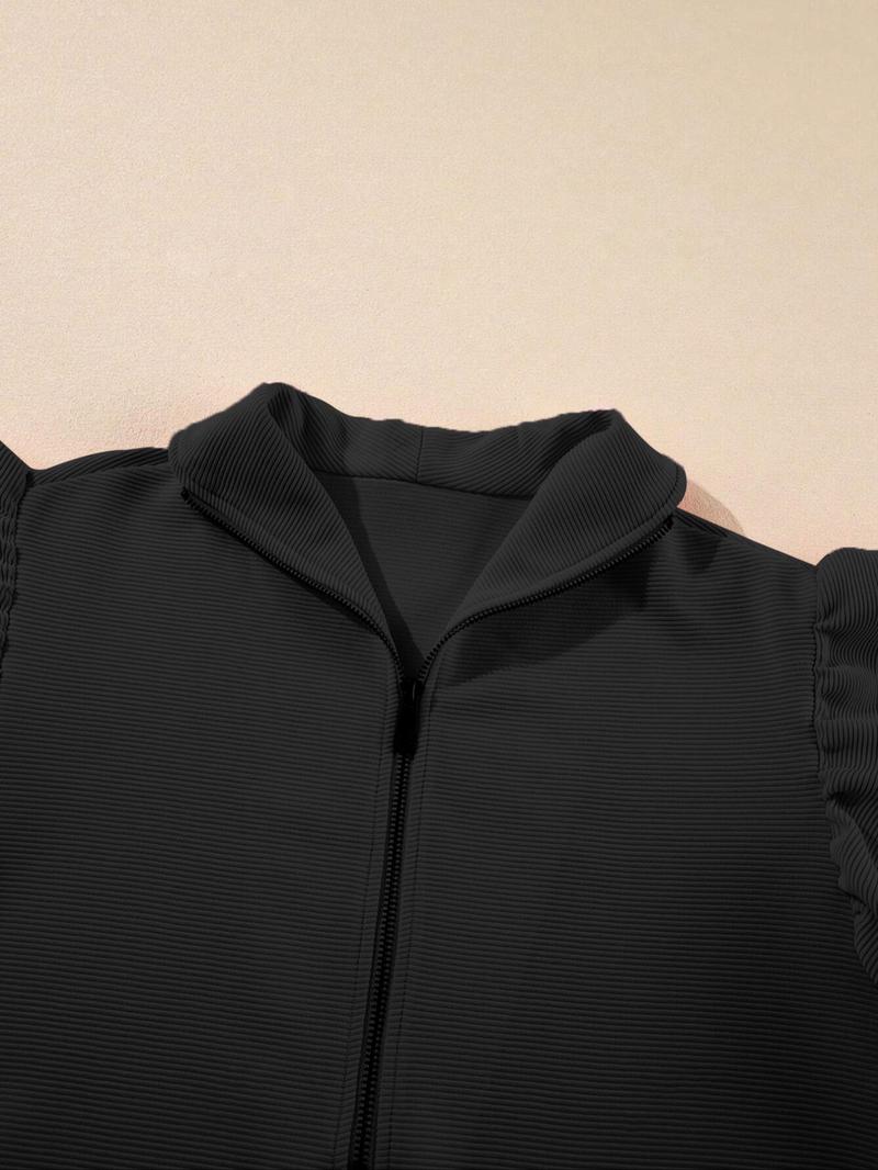 Women's elegant solid color textured ruffle sleeve half-zip top T-shirt sweatshirt and high waist wide-leg pants set, comfortable and fashionable, suitable for sports, daily leisure, outdoor activities, parties, lazy time wear