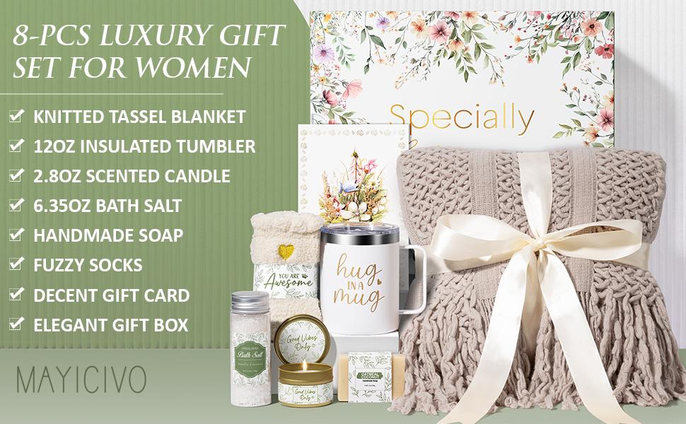 MAYICIVO Easter Gifts Spa Gift basket for Women, Self Care Gifts for Women Get Well Soon Gifts Birthday Gift with Luxury Blanket, Gift Ideas for Mom Teacher Her Wife Girlfriend Friend