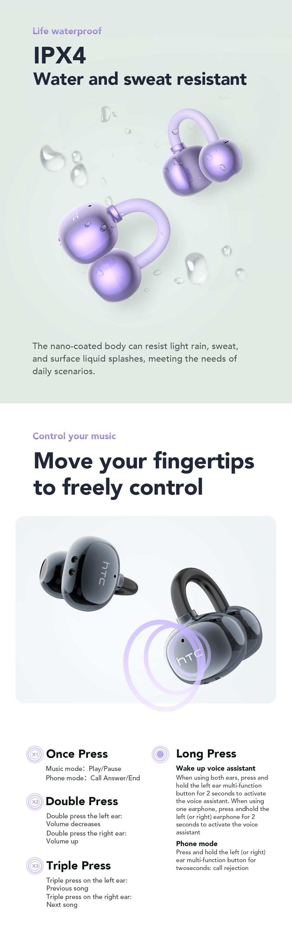 HTC NE54 Clip-On Ear Headphones Bluetooth 6.0 Full Color Touch Screen Wireless Audio Headphones IPX5 Waterproof Sports Headsets Noise Reduction Built-in Microphone for Music & Phone Calls