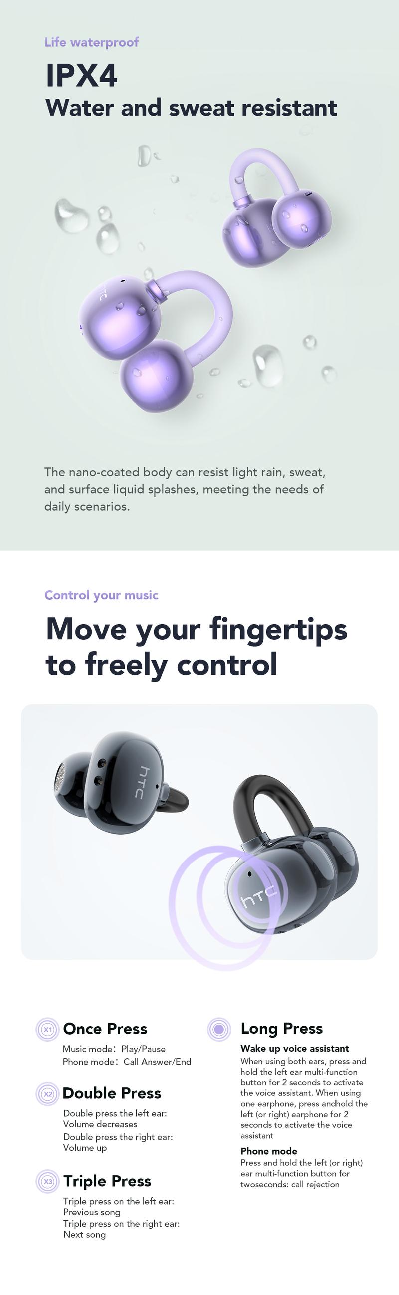 HTC NE54 Clip-On Ear Headphones Bluetooth 6.0 Full Color Touch Screen Wireless Audio Headphones IPX5 Waterproof Sports Headsets Noise Reduction Built-in Microphone for Music & Phone Calls