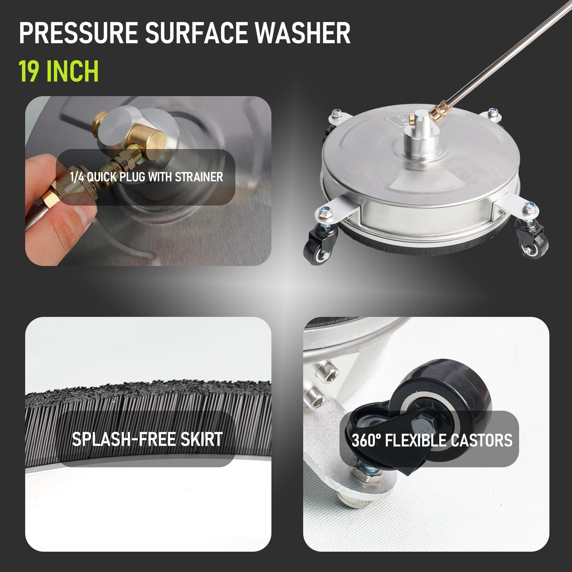Pressure Washer Surface Cleaner, Stainless Steel Surface Cleaner with 4 Wheels for Driveways, Pathway, Sidewalks, Patios, Decks, with 3/8" Quick Connector Kit Hose Industrial