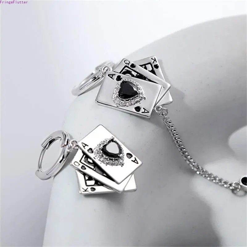 Asymmetric Poker Playing Cards Huggie Hoop Earrings Sparkling Black Heart Crystal Ace of Spades Dangle Earrings with Tassel Chain Punk Gothic Jewelry for Women Men
