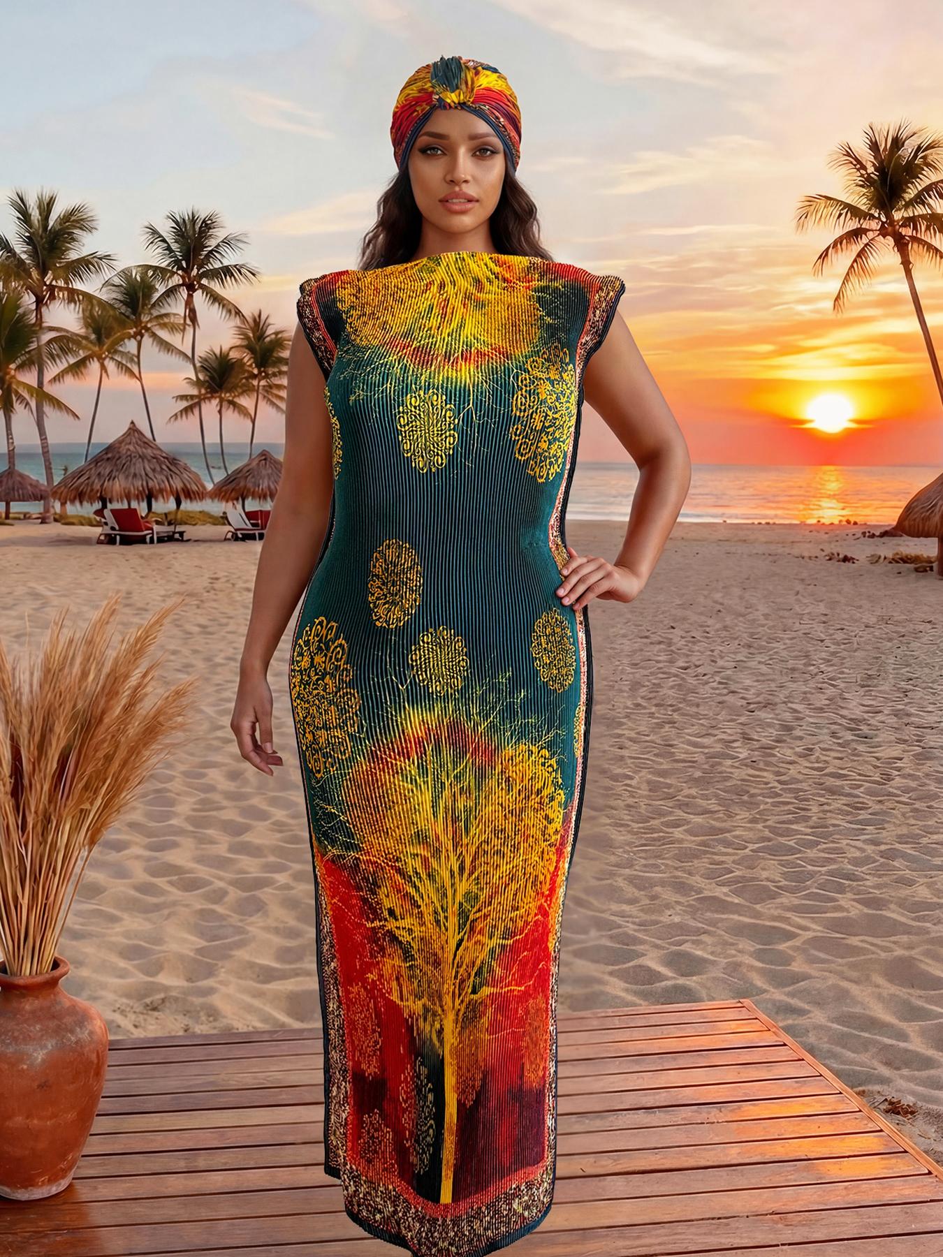 Elegant Pleated Fit and Flare Moo Moo Long Dress with Equestrian Print, Complete Set with Shawl and Long Silk Scarf for Beach Sun Protection, Beach Cover Ups, Swimsuit Cover Up Elegant Pleated Fit and Flare Moo Moo Long Dress with Equestrian Print, Complete Set with Shawl and Long Silk Scarf for Beach Sun Protection, Beach Cover Ups, Swimsuit Cover Up