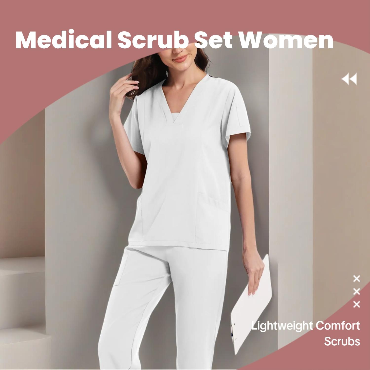 Women's Medical Short Sleeve V-Neck Multi-Pocket Set Uniforms, Lightweight Comfortable Polyester, All Seasons, Suitable for Nurses Doctors Dentists Beauty Salons, Workwear Womenswear