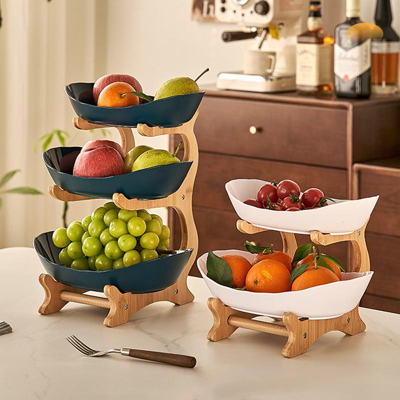 Colorful Fruit Basket Set, 2 & 3 Tier Dessert Stand with Wooden Frame, Plastic Fruit Bowl, Small Cake Holder, Cookie Plate, Candy Buffet, Dessert Table Display, Dessert Table Stands