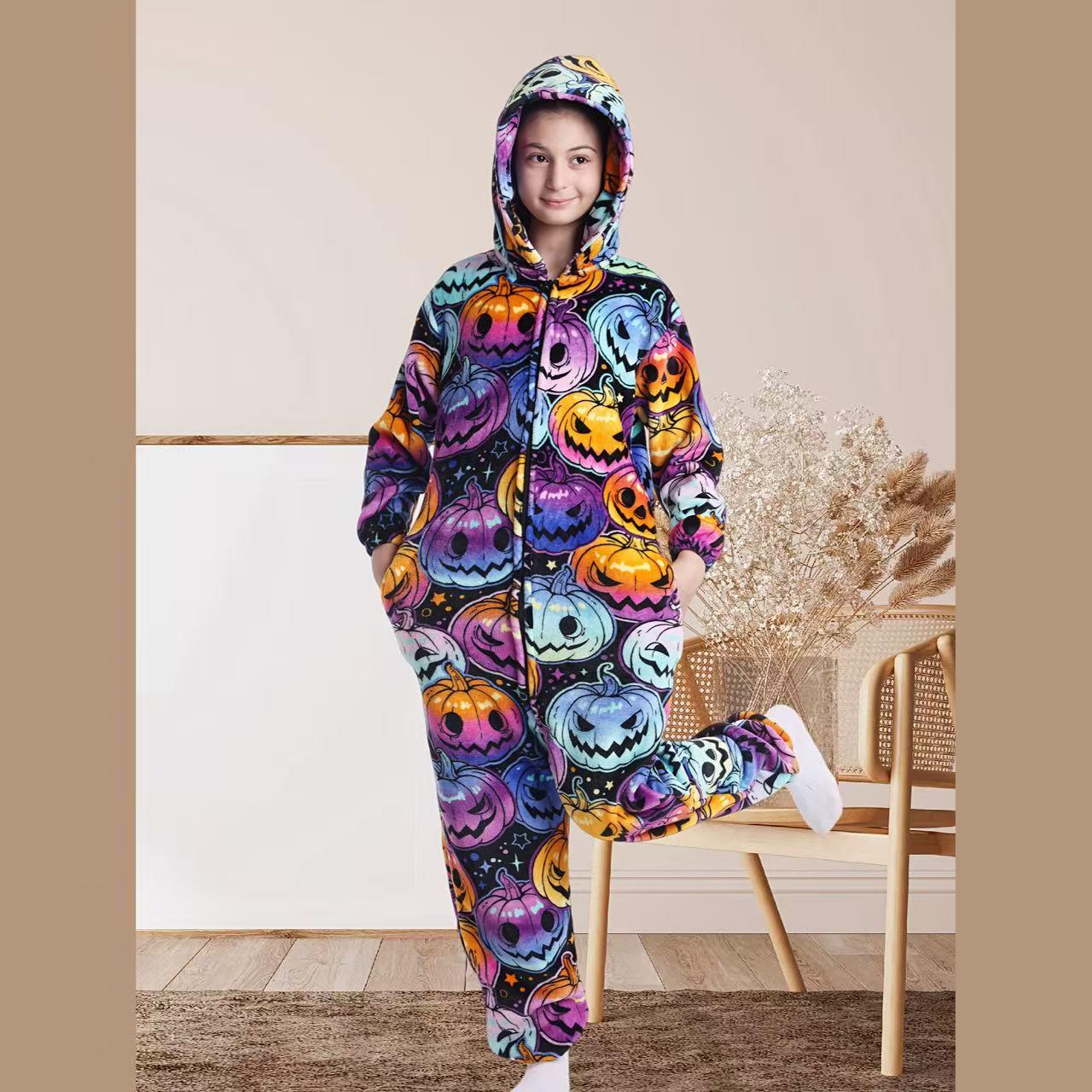 Flame-Resistant One-Piece Pajamas, Cozy Gift, All-Season Loungewear, Zipper Closure, Side Pockets, Hooded