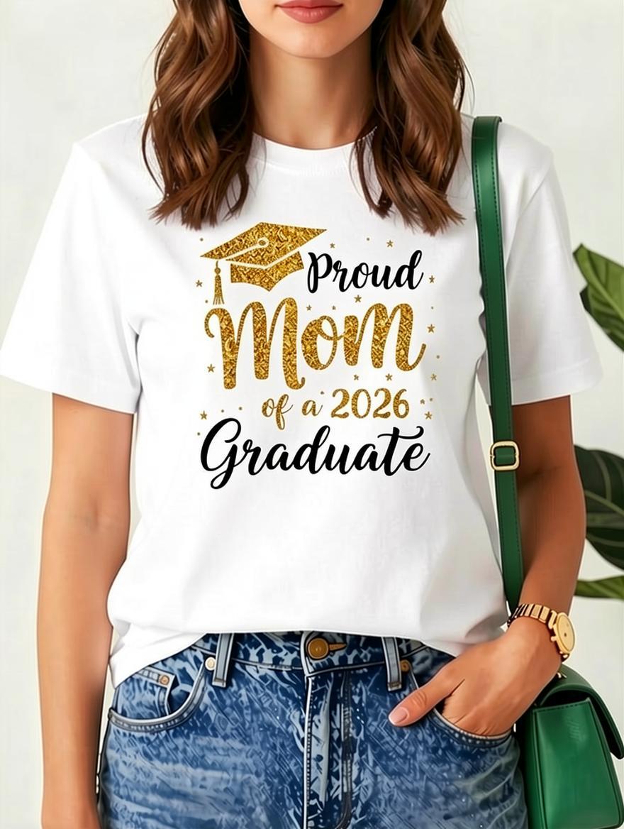 Proud Mom of a Graduate Class of 2026 T-Shirt Unisex Black Tee Featuring Graduation Cap Diploma Print and Glitter Lettering Comfortable AllSeason Round Neck