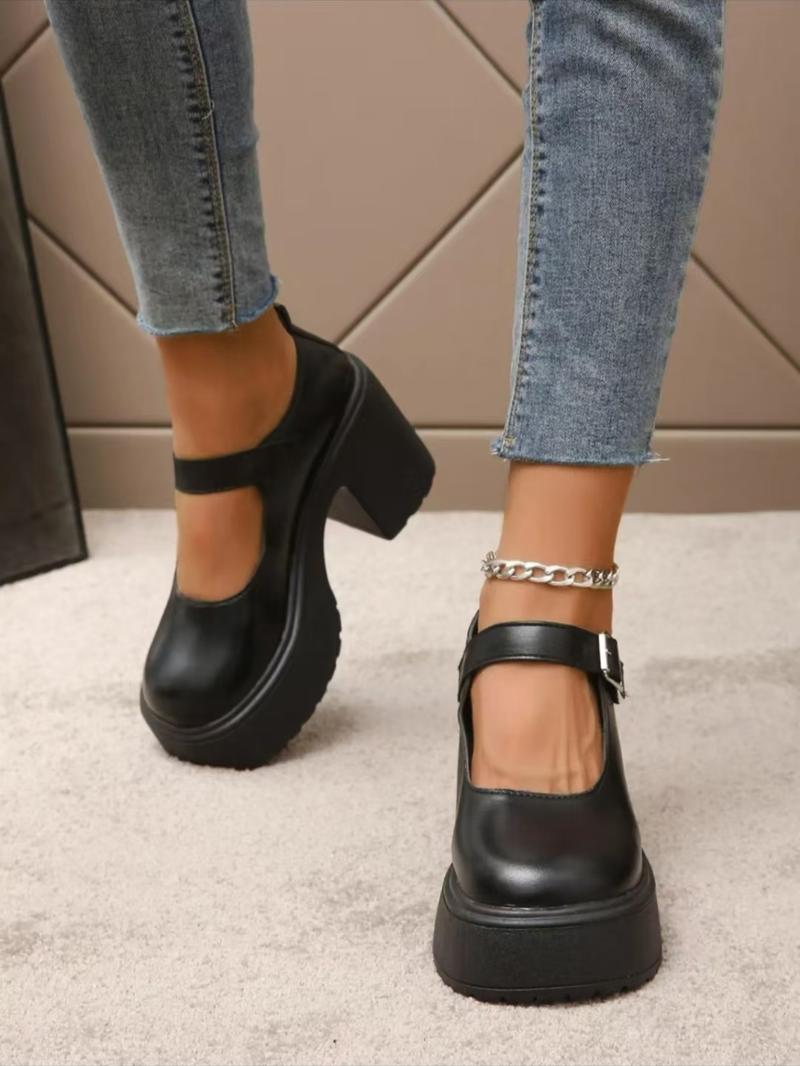 Women's Solid Color Round Toe Platform Chunky Heel Shoes, Classic Casual Comfortable Buckle Pu Leather Mary Jane Shoes for Daily Wear, Lightweight Breathable Shoes for Daily Wear, Students and Outdoor