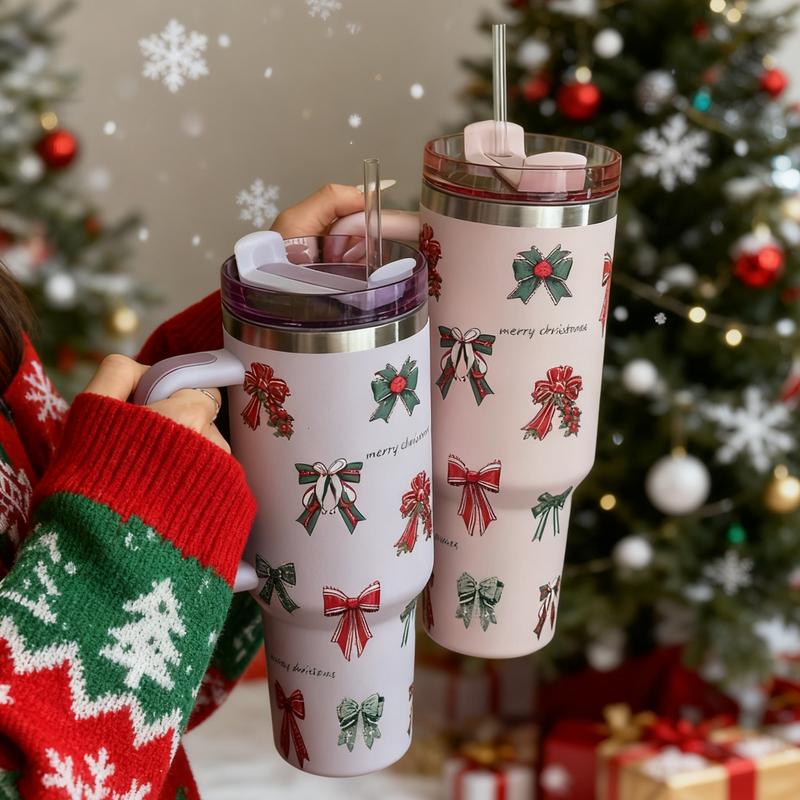 Christmas Bow Element Cup, Large Capacity Car Mug with Handle, Stainless Steel Insulated Travel Cup, Vacuum Insulated Tumbler, Coffee Cup for School Office Outdoor Gym Home