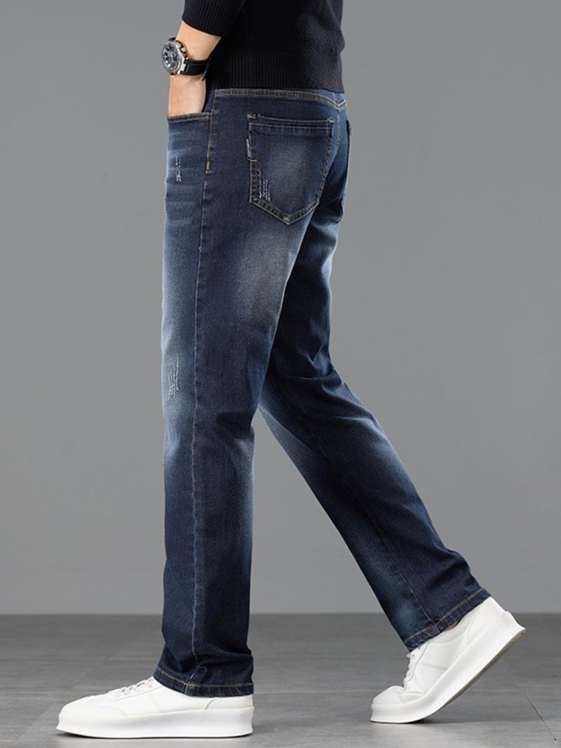 Men's Washed Denim Jeans, Thickened Fleece Lined Straight Leg Casual Pants, Fall Winter Fashion, Slimming & Height-Enhancing Design