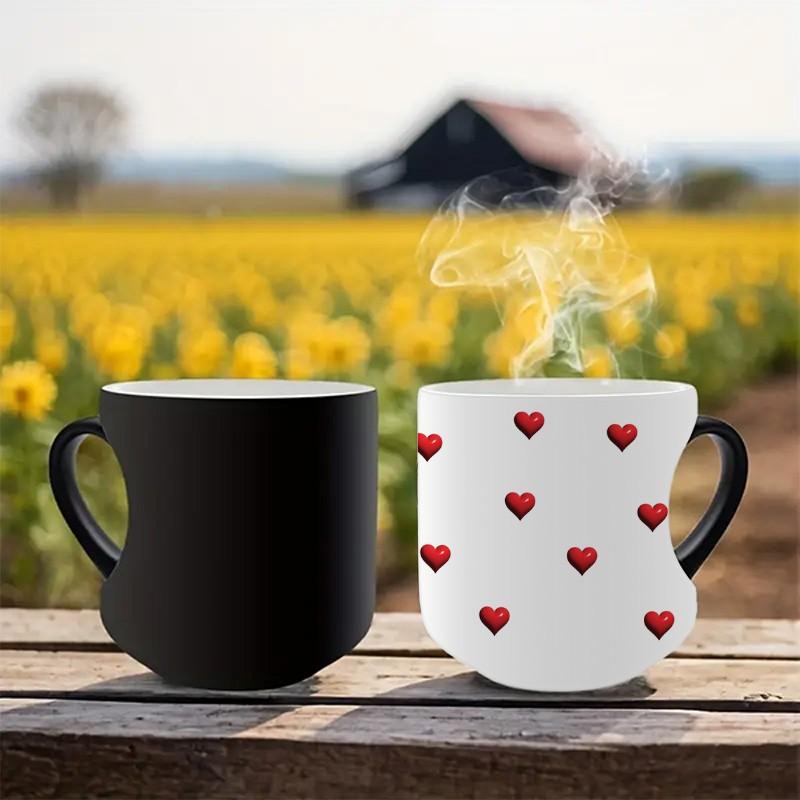 A High-Quality Heart-Shaped Magic Color Changing Ceramic Coffee Mug - 11oz, With Red Hearts Design, Making It a Perfect Gift for Valentine'S Day, Or Any Holiday