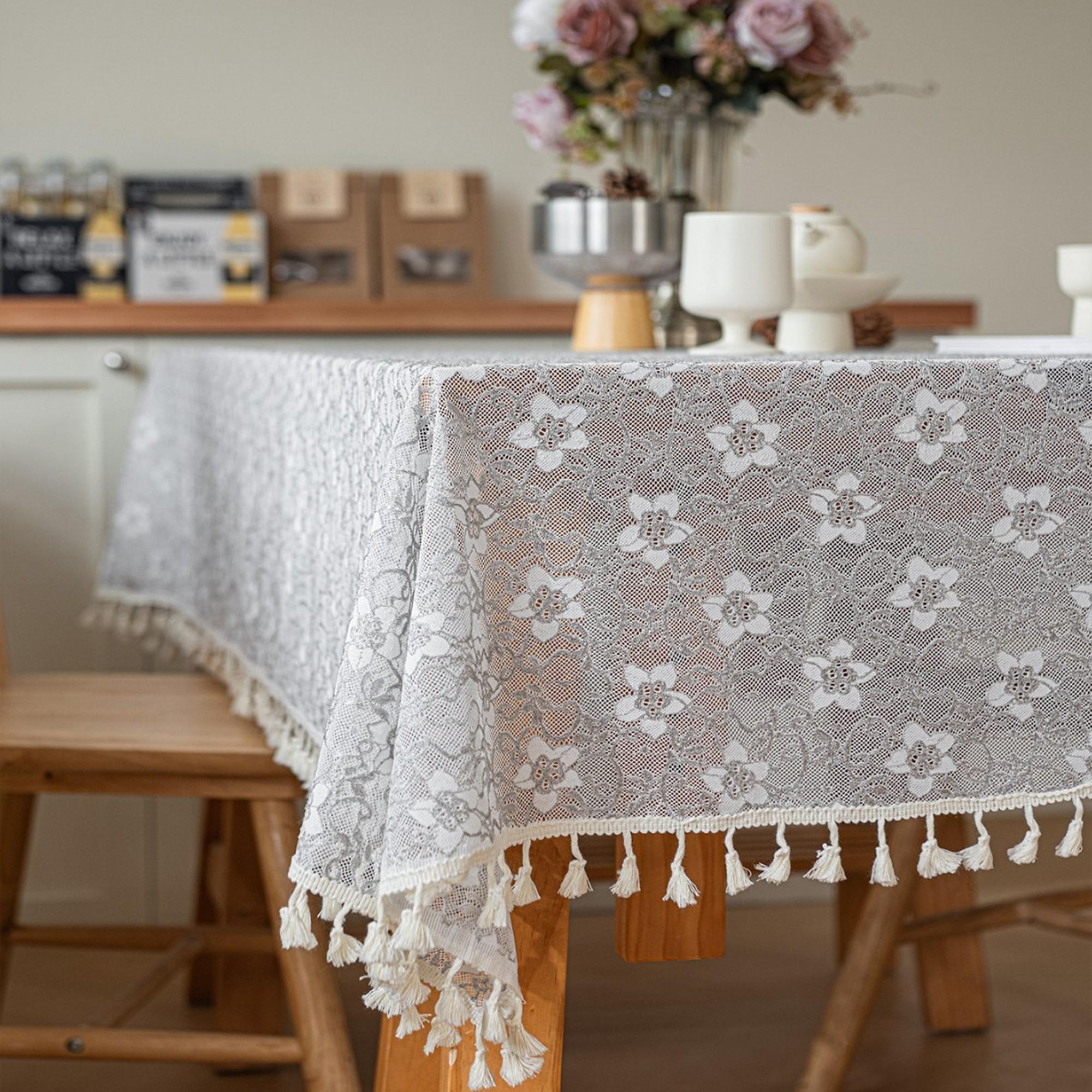 1pc Rustic Lace Fringe Tablecloth, Square Rectangle Camellia Cutout, Vintage Farmhouse Style, European French Retro Design