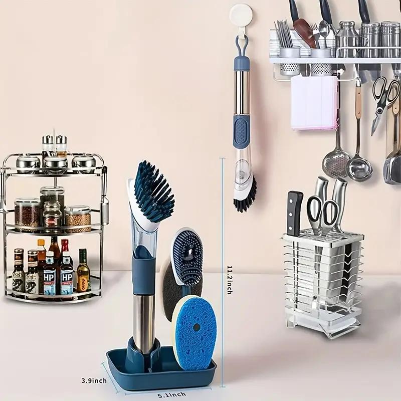 Dish Brush with Soap Dispenser set– 4 Replaceable Cleaning Heads & Ergonomic Handle, Kitchen Scrub Brush for Dishes, Pans, Sink & Household Cleaning