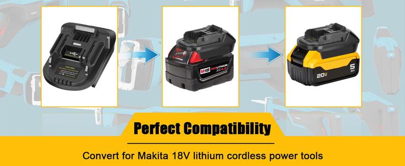 KUNLUN DM18M Converter Battery Adapter with USB Charging Socket for Dewalt 20V Battery & Milwaukee M18 18V Lithium Battery Converter to Makita 18V BL1830 BL1840 BL1850 Cordless Tools Use(Bare Adapter Only)