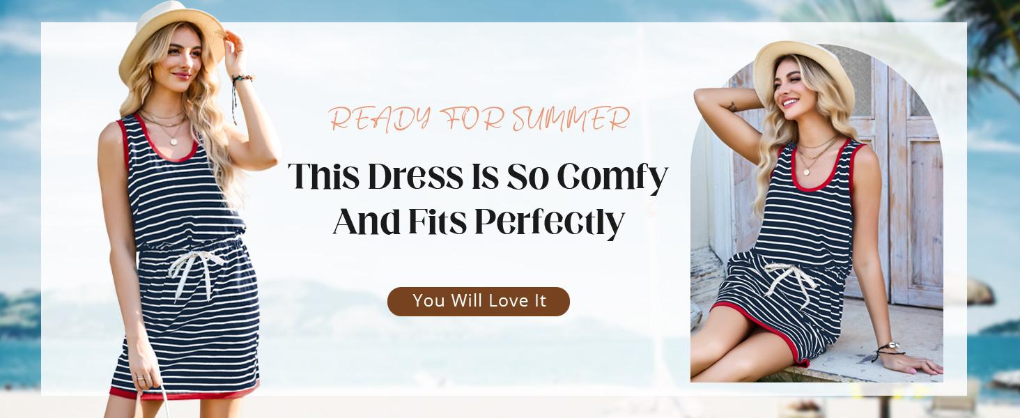 Imily Bela Womens Summer Sleeveless Striped Dress Drawstring Waist Casual Tank Mini Dresses with Pockets