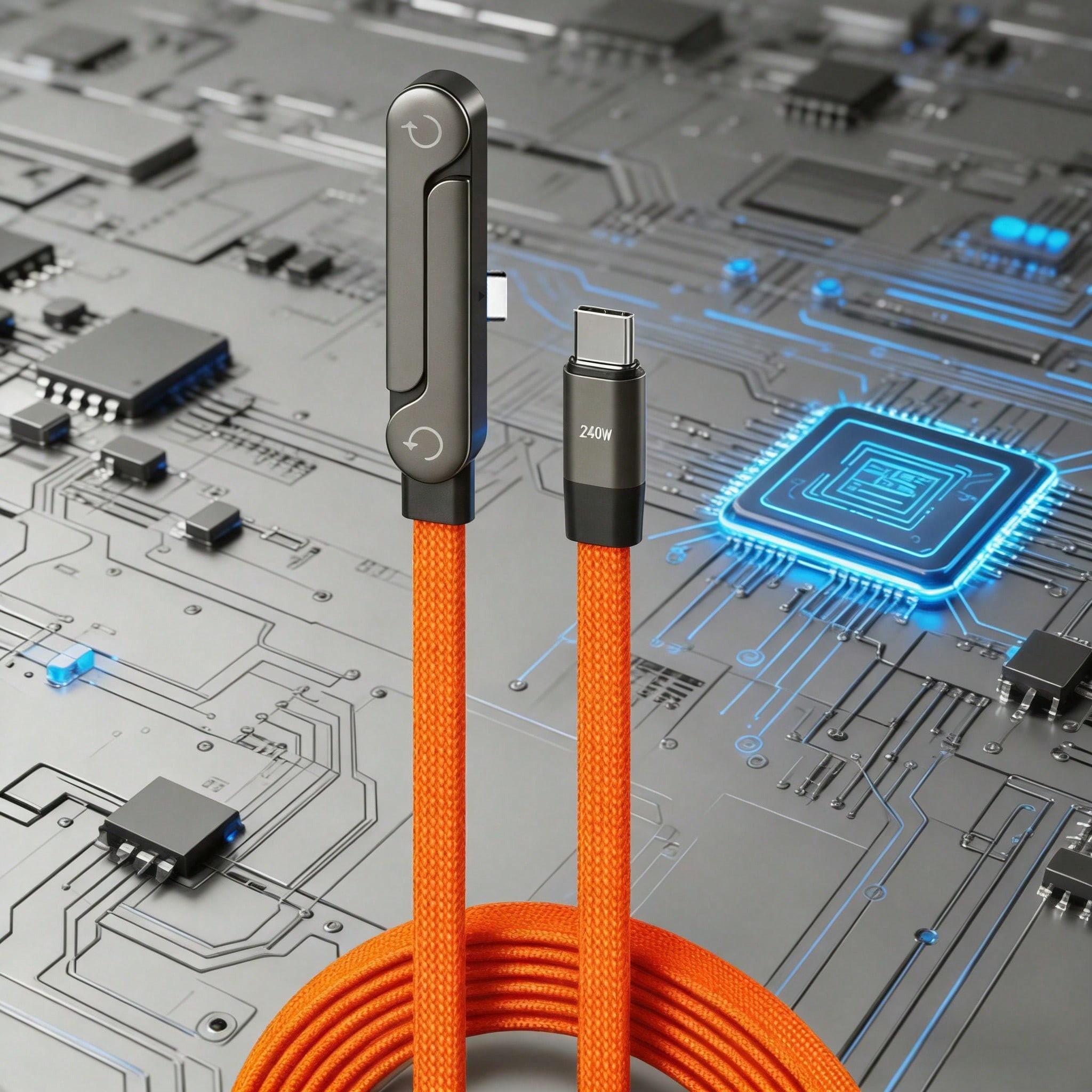 240W (Max) Orange Fast Charging Braided Data Cable, 2026 Latest Orange Stand Data Cable, featuring nylon braided material, supporting fast charging, with integrated phone stand, T-shaped foldable design, USB-C to Type-C interface. Compatible with iPhone 1