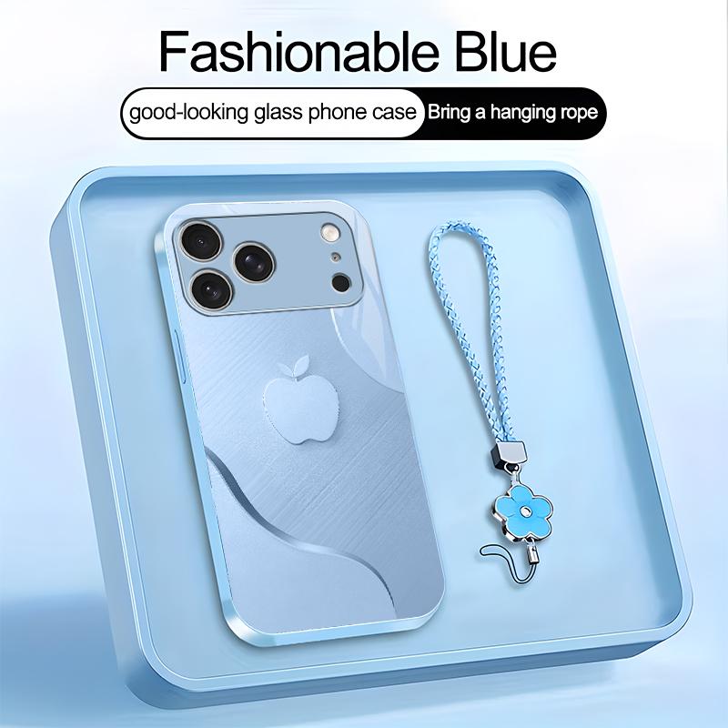Luxury Faux Brushed Metal Texture Phone Case with Flower Lanyard | Glossy Glass Feel 2D Printed Cover | for [iPhone 17 Pro Max] 952
