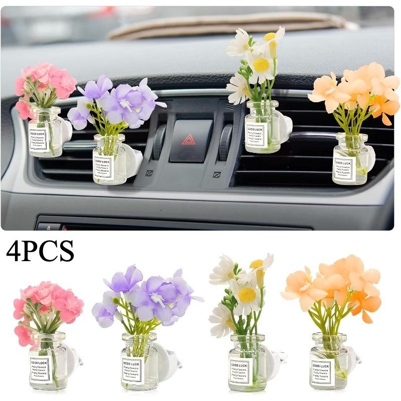 4 Pack Flowers Car Vent Clips, Cute Daisy Plants Vase Air Conditioning Outlet Clip with Fragrance Pads, Charm Scent Perfume Automotive Interior Decorations for Women;Automotive interior accessories