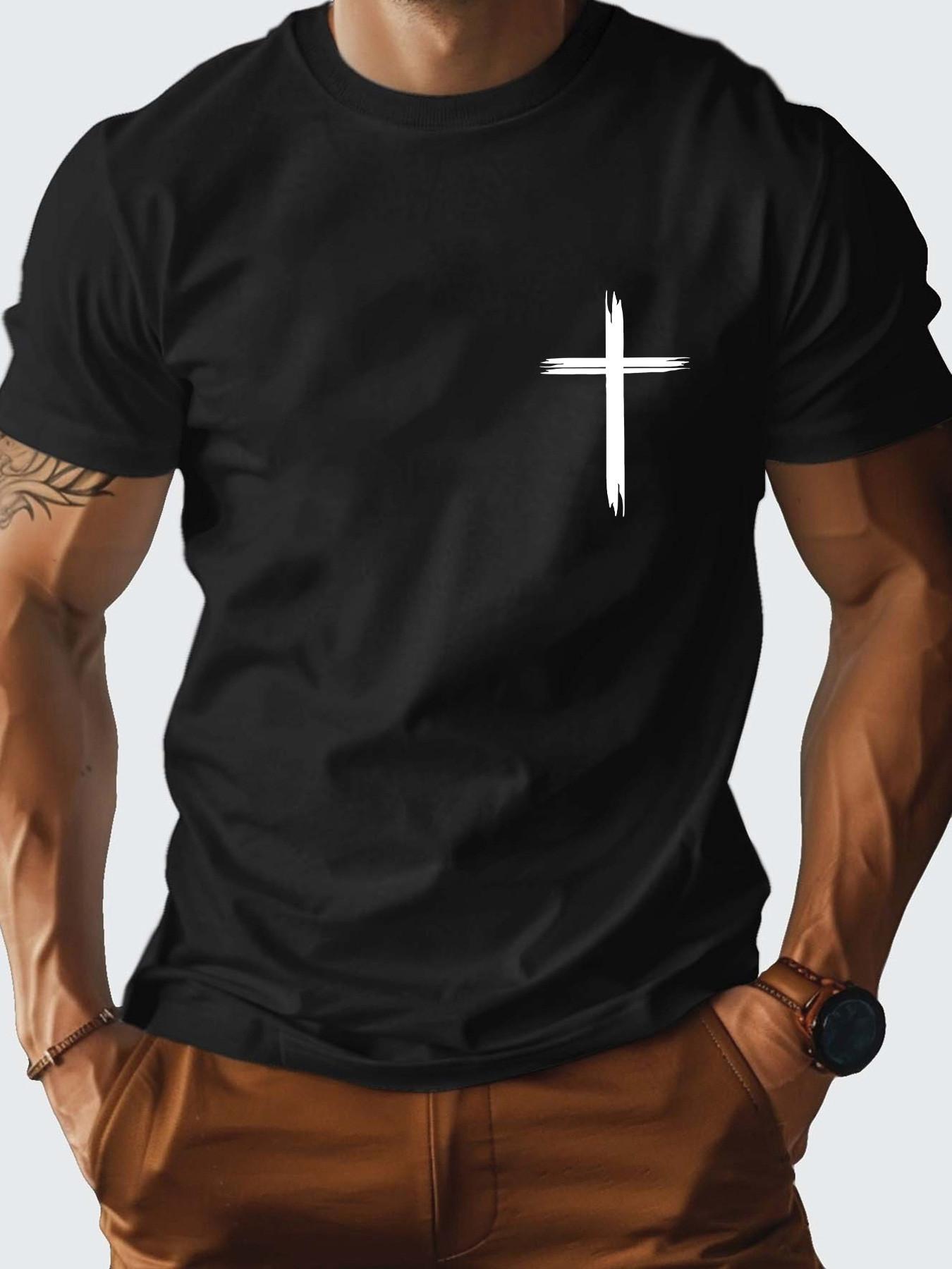 Religious T-Shirt with Cross Print, Philipians 4:13 Quote, Casual Fitted H-Type, Plain Pattern, Men's Short Sleeve Top