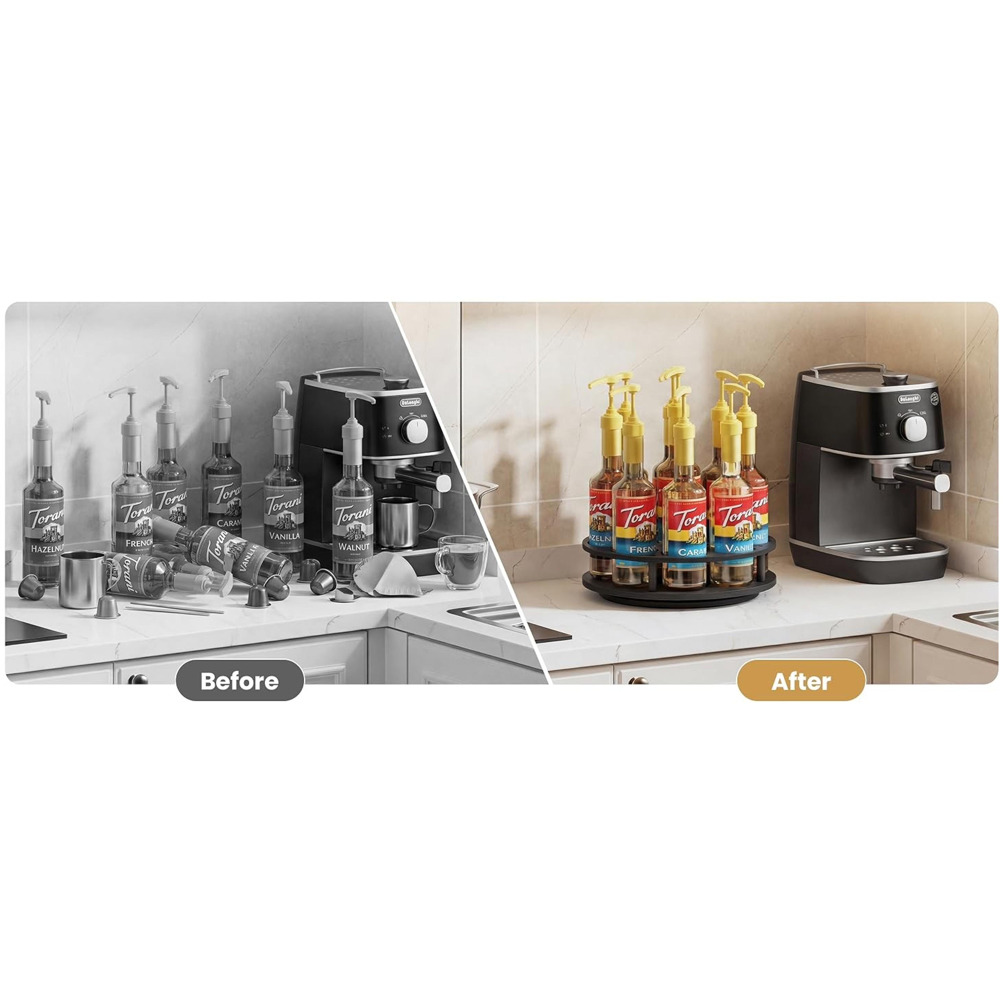 Rotating Coffee Syrup Organizer for Countertop, 9-Bottle Wooden Syrup Rack & Bottle Holder for Coffee Bar Station, Turntable Display Stand, Black