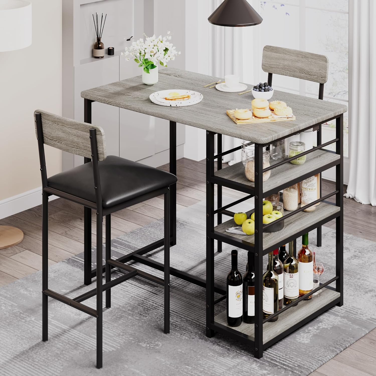 3-Piece Double Bar Table Set with 3-Tier Storage Shelves, Compact Kitchen Dining Table Set with 2 Upholstered Stools, Space-Saving Breakfast Nook for Kitchens, Taverns, Apartments
