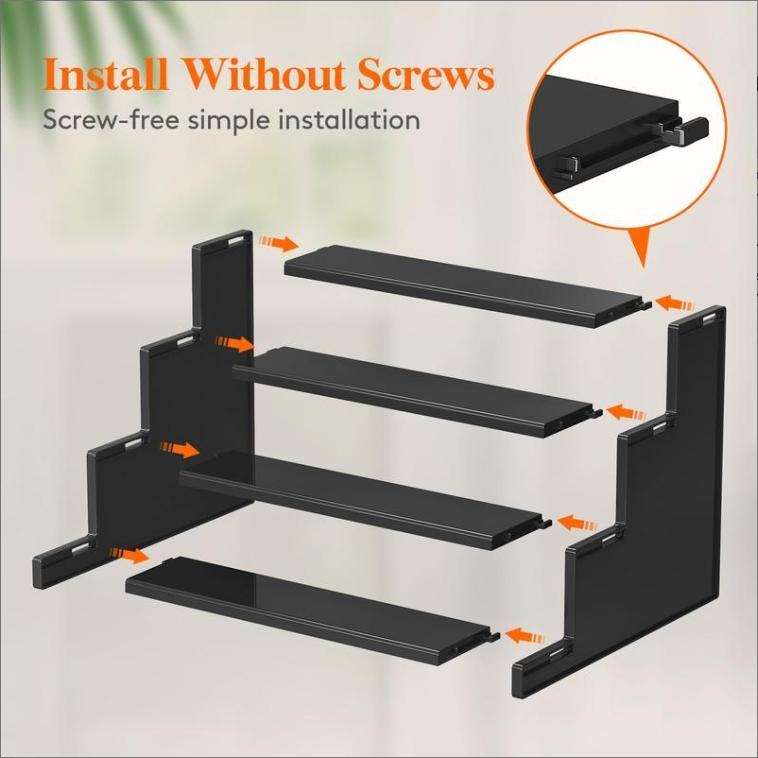 Black Display Risers Stand, 4 Tier, Plastic Cologne Organizer Perfume Stand, Display for Vanity, Dresser, Figures, Cupcake, Dessert, Spice, Fragrance, Countertop, Cabinet Use