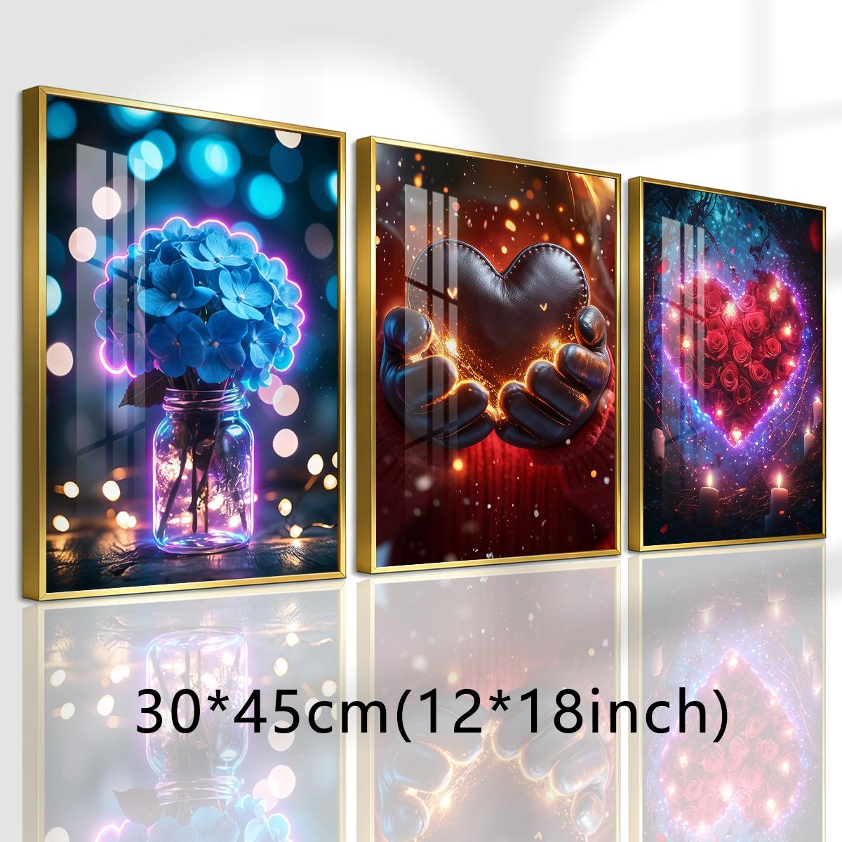 3 Counts Aluminum Alloy Framed Painting, Romantic Roses Hearts And Flowers Pictures, Home Decoration For Living Room, Bedroom, Office, Restaurant, Hallway Wall Decor, Odorless Print Artwork, Luxury Perfect Gift For Friends And Family