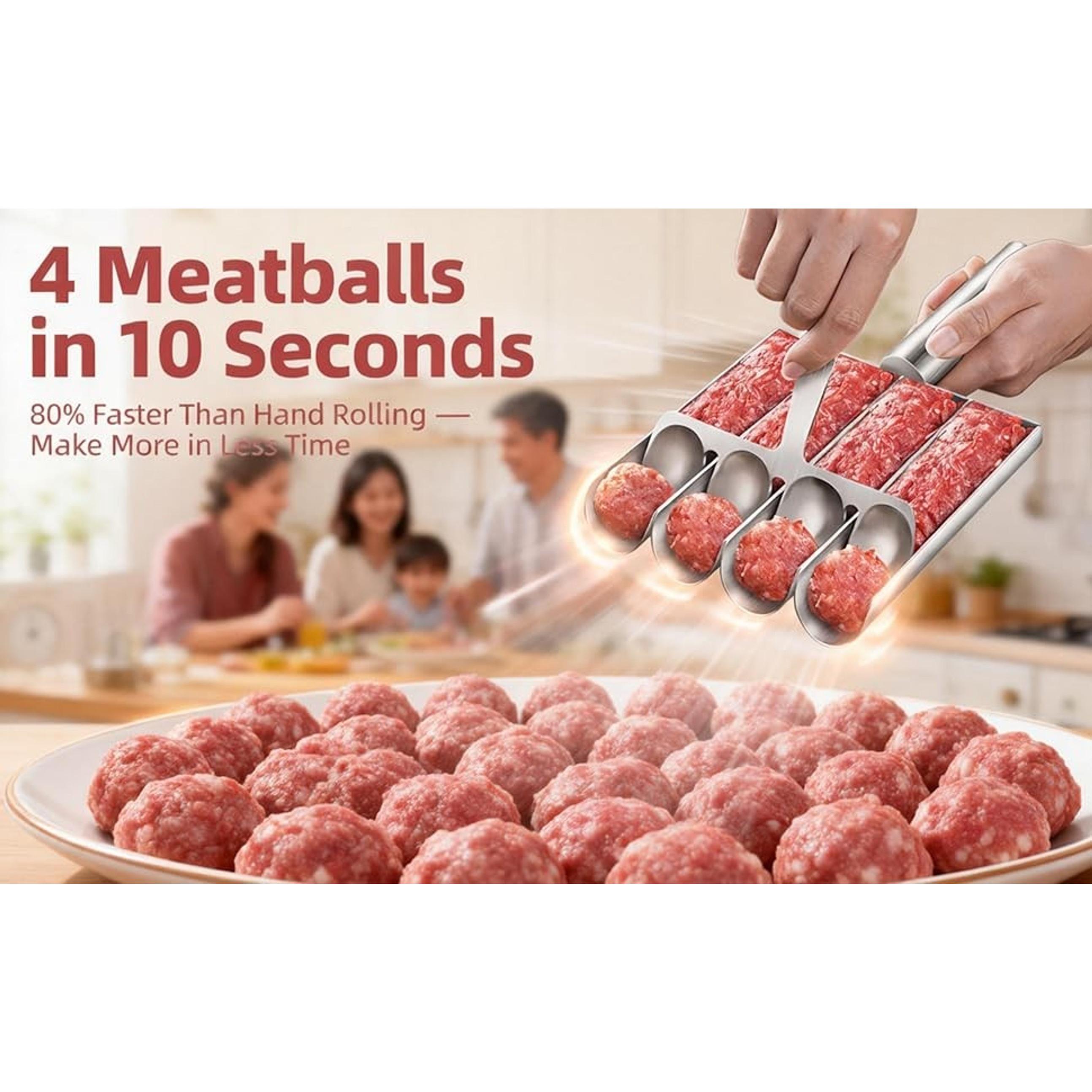 4-Cavity Stainless Steel Meatball Maker Tool, Meatball Forming & Shaping Specialty Kitchen Utensil, Uniform Meatball Mold for Easy Release, Nonstick & Dishwasher Safe Cooking Gadget for Meal Prep